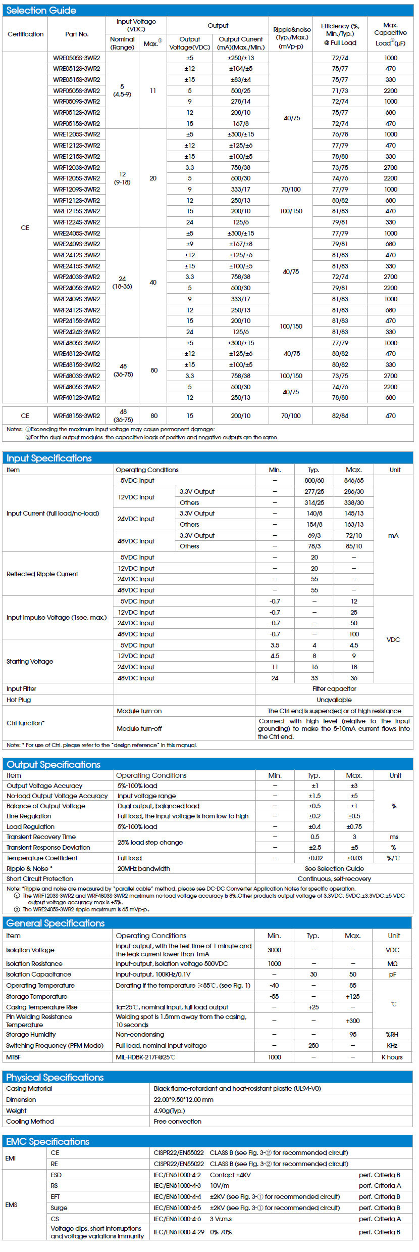 WRF0505S-3WR2 DC/DC컨버터 강하형 3W 5V / 디바이스마트