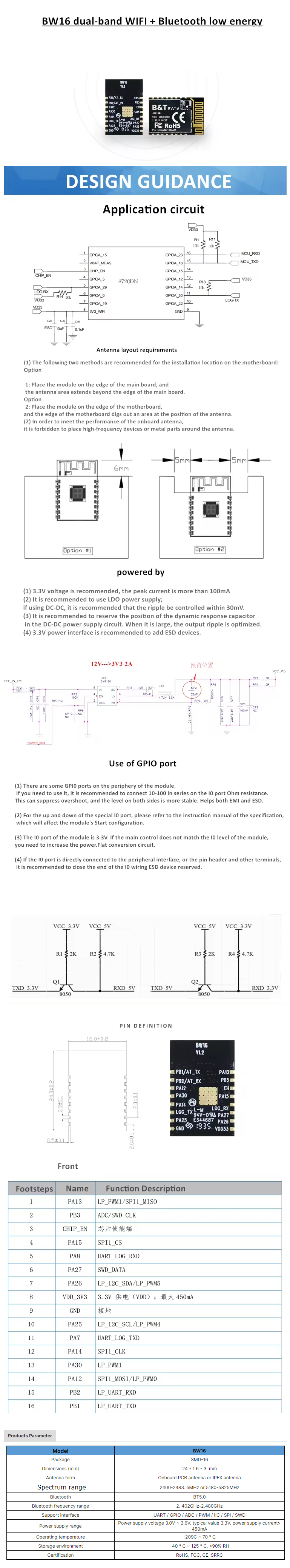 RTL8720DN 듀얼 밴드 WiFi + 저전력 Bluetooth 5.0 모듈 [BW16] / 디바이스마트