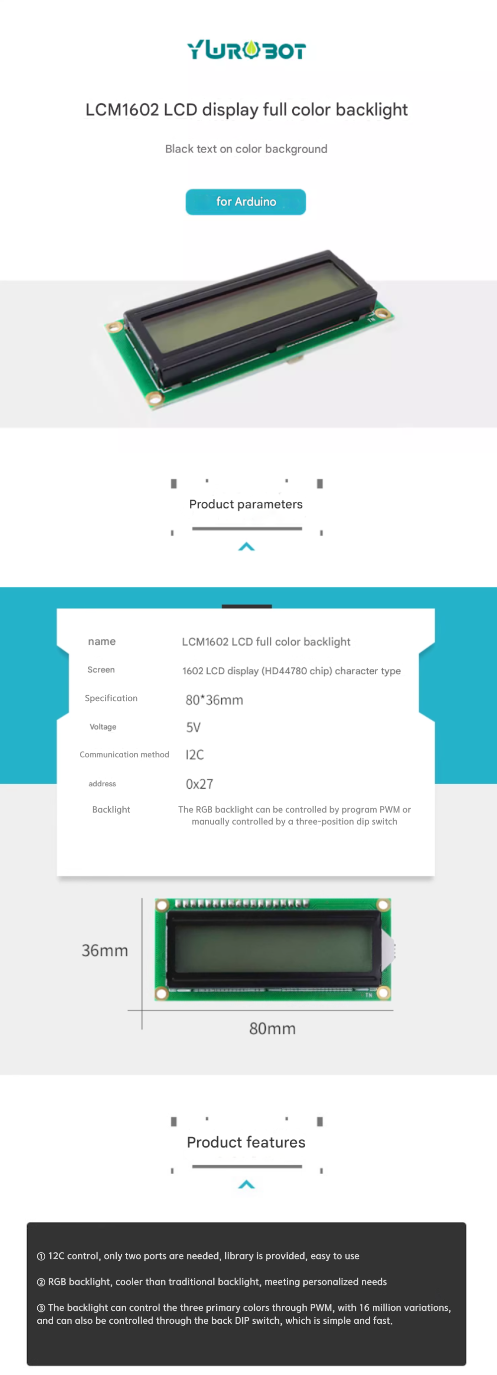 아두이노용 LCM1602 RGB 백라이트 I2C LCD 디스플레이 모듈 [DIS090023] / 디바이스마트