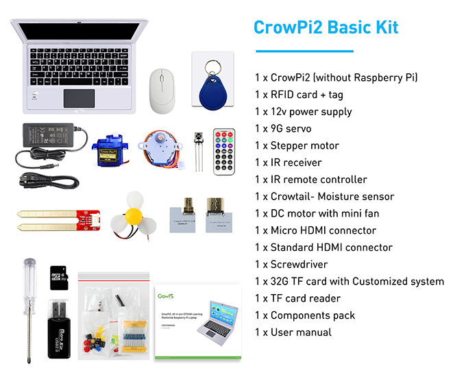 CrowPi2 - 올인원 라즈베리파이 노트북 및 STEM 학습 플랫폼 [SER35002P] / 디바이스마트