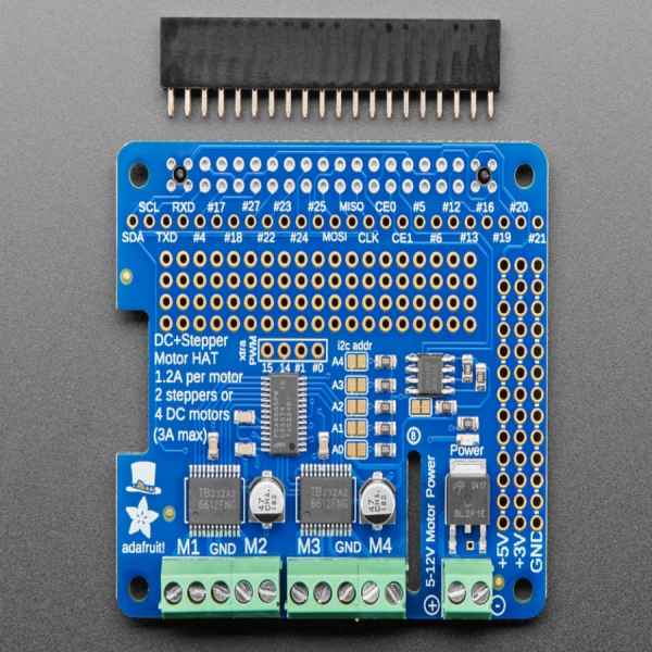 디바이스마트,MCU보드/전자키트 > 버튼/스위치/제어/RTC > 모터/모터컨트롤,Adafruit,Adafruit DC & Stepper Motor HAT for Raspberry Pi - Mini Kit [ada-2348],라즈베리파이 호환 add-on / 65mm x 56mm x 13mm / 4개의 H-Bridges (각 1.2A, 최대 3A) / 4.5 ~ 13 VDC / 최대 4개의 양방향 DC 모터 및 2개의 스텝모터 가능 / 라즈베리파이 A+, B+, 2 와 호환! (라즈베리파이, 모터, 배터리 팩은 별매)