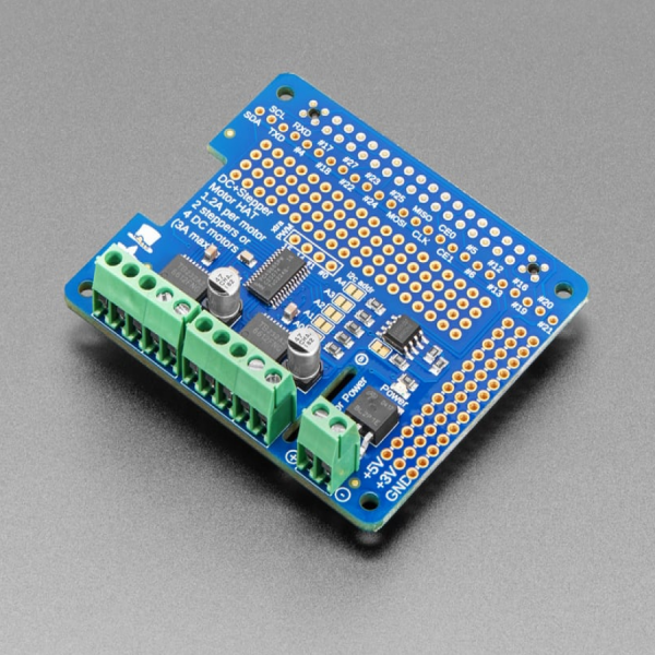 디바이스마트,MCU보드/전자키트 > 버튼/스위치/제어/RTC > 모터/모터컨트롤,Adafruit,Adafruit DC & Stepper Motor HAT for Raspberry Pi - Mini Kit [ada-2348],라즈베리파이 호환 add-on / 65mm x 56mm x 13mm / 4개의 H-Bridges (각 1.2A, 최대 3A) / 4.5 ~ 13 VDC / 최대 4개의 양방향 DC 모터 및 2개의 스텝모터 가능 / 라즈베리파이 A+, B+, 2 와 호환! (라즈베리파이, 모터, 배터리 팩은 별매)