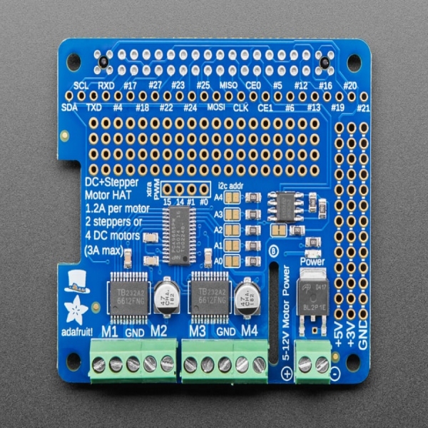 디바이스마트,MCU보드/전자키트 > 버튼/스위치/제어/RTC > 모터/모터컨트롤,Adafruit,Adafruit DC & Stepper Motor HAT for Raspberry Pi - Mini Kit [ada-2348],라즈베리파이 호환 add-on / 65mm x 56mm x 13mm / 4개의 H-Bridges (각 1.2A, 최대 3A) / 4.5 ~ 13 VDC / 최대 4개의 양방향 DC 모터 및 2개의 스텝모터 가능 / 라즈베리파이 A+, B+, 2 와 호환! (라즈베리파이, 모터, 배터리 팩은 별매)