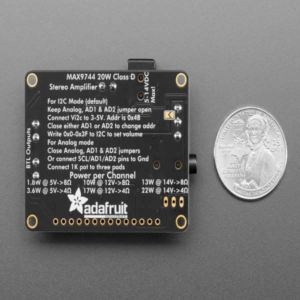 디바이스마트,MCU보드/전자키트 > 음악/앰프/녹음 > 앰프/증폭,Adafruit,Stereo 20W Class D Audio Amplifier - MAX9744 [ada-1752],20W stereo / 2채널, 4~8옴 임피던스 스피커 활용 가능(최대 각 20W) / 5-12VDC / 3.5mm stereo잭 / 배터리효율 최대 93%(저전력) / 29.5dB max / 54 x 41mm 크기