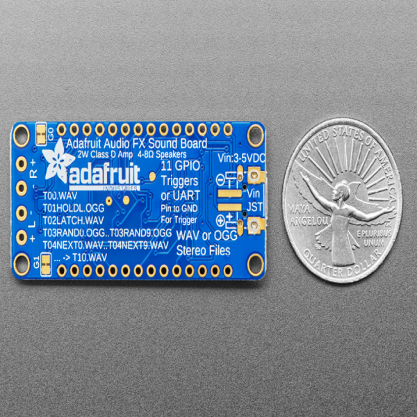 디바이스마트,MCU보드/전자키트 > 음악/앰프/녹음 > 앰프/증폭,Adafruit,Adafruit Audio FX Sound Board + 2x2W Amp - WAV/OGG Trigger - 2MB [ada-2210],당신의 프로젝트에 오디오/사운드 이펙트를!! / 2개의 2W 스테레오(클래스D) 앰프 포함 / Audio FX 사운드 보드 포함 / 배터리, 스피커, 브레드보드, 택트 스위치 미포함 / 3 to 5.5 VDC / 5종류의 트리거 효과