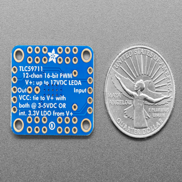 디바이스마트,MCU보드/전자키트 > 디스플레이 > LED,Adafruit,Adafruit 12-Channel 16-bit PWM LED Driver - SPI Interface - TLC59711 [ada-1455],12채널 PWM 드라이버 (16-bit) / TLC59711 PWM driver chip / 초 고해상도 PWM 보드 / LED 전용 (서보컨트롤은 권장하지 않습니다) / 5-17VDC, 3-5V logic / 22.75 x 28.38mm