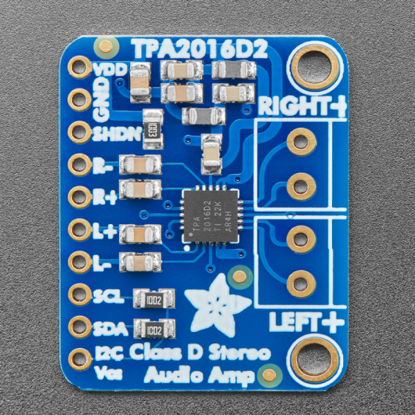 디바이스마트,MCU보드/전자키트 > 음악/앰프/녹음 > 앰프/증폭,Adafruit,Stereo 2.8W Class D Audio Amplifier - I2C Control AGC - TPA2016 [ada-1712],스테레오 앰프, 오디오 증폭기 모듈 / TPA2016 사용, LM386의 업그레이드 버전 / 2 x 2.8W channels into 4Ω impedance speakers / class D controller / 2.7 - 5.5 VDC / 2.8W@4Ω, 10% THD, 1.7W@8Ω, 10% THD, with 5V Supply / 스피커 미포함 (4~8Ω 스피커 권장)