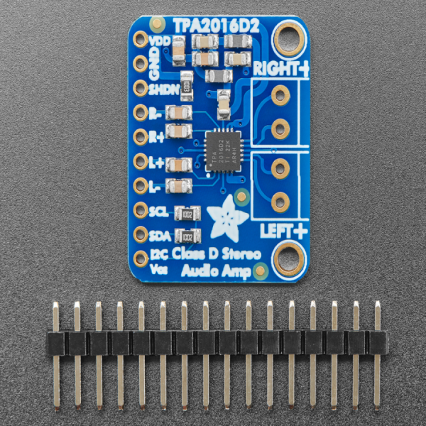 디바이스마트,MCU보드/전자키트 > 음악/앰프/녹음 > 앰프/증폭,Adafruit,Stereo 2.8W Class D Audio Amplifier - I2C Control AGC - TPA2016 [ada-1712],스테레오 앰프, 오디오 증폭기 모듈 / TPA2016 사용, LM386의 업그레이드 버전 / 2 x 2.8W channels into 4Ω impedance speakers / class D controller / 2.7 - 5.5 VDC / 2.8W@4Ω, 10% THD, 1.7W@8Ω, 10% THD, with 5V Supply / 스피커 미포함 (4~8Ω 스피커 권장)