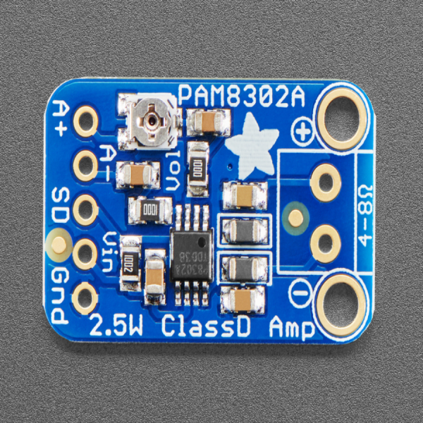 디바이스마트,MCU보드/전자키트 > 음악/앰프/녹음 > 앰프/증폭,Adafruit,Adafruit Mono 2.5W Class D Audio Amplifier - PAM8302 [ada-2130],모노 앰프, 오디오 증폭기 모듈 / PAM8302 사용 / 2 x 2.5W channels into 4Ω impedance speakers / class D controller / 2 - 5.5 VDC / 2.5W@4Ω, 10% THD, 1.5W@8Ω, 10% THD, with 5V Supply / 스피커 미포함 (4Ω 이상 스피커 권장) / 15 x 24mm