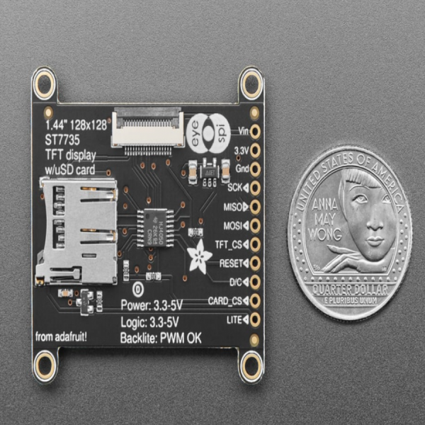 디바이스마트,LED/LCD > LCD COLOR > 칼라 LCD패널 > 2인치 이하 컬러 LCD패널,Adafruit,Adafruit 1.44' Color TFT LCD Display with MicroSD Card breakout - ST7735R [ada-2088],1.44 inch diagonal LCD TFT display / 128x128 resolution, 18-bit (262,144) color / 4 or 5 wire SPI digital interface / Built-in microSD slot / 3.3V or 5V logic