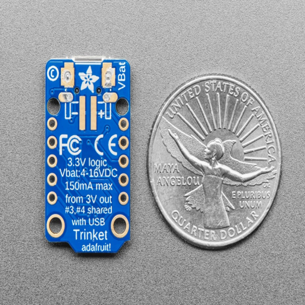 디바이스마트,오픈소스/코딩교육 > 아두이노 > 아두이노 호환보드,Adafruit,Adafruit Trinket - Mini Microcontroller - 3.3V Logic - MicroUSB [ada-1500],ATtiny85 on-board / Micro-USB jack / 3V and 5V / 27mm x 15 x 4mm