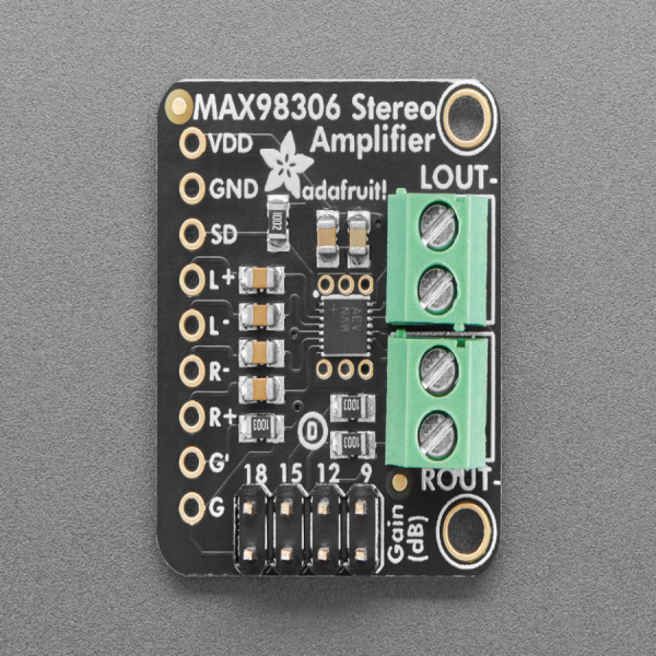 디바이스마트,MCU보드/전자키트 > 음악/앰프/녹음 > 앰프/증폭,Adafruit,Stereo 3.7W Class D Audio Amplifier - MAX98306 [ada-987],스테레오 앰프, 오디오 증폭기 모듈 / 2 x 3.7W channels into 3Ω impedance speakers / class D controller / 2.7 - 5.5 VDC / 3.7W @ 3Ω, 1.7W @ 8Ω, 10% THD, with 5V Supply / 스피커 미포함 (3~8Ω 스피커 권장)