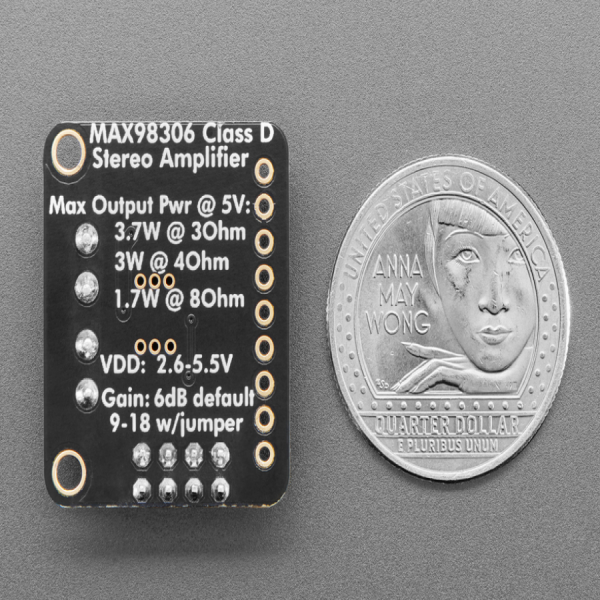 디바이스마트,MCU보드/전자키트 > 음악/앰프/녹음 > 앰프/증폭,Adafruit,Stereo 3.7W Class D Audio Amplifier - MAX98306 [ada-987],스테레오 앰프, 오디오 증폭기 모듈 / 2 x 3.7W channels into 3Ω impedance speakers / class D controller / 2.7 - 5.5 VDC / 3.7W @ 3Ω, 1.7W @ 8Ω, 10% THD, with 5V Supply / 스피커 미포함 (3~8Ω 스피커 권장)