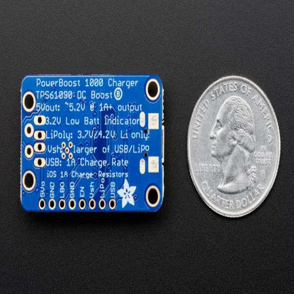 디바이스마트,MCU보드/전자키트 > 전원/신호/저장/응용 > 레벨컨버터/전압관리,Adafruit,PowerBoost 1000 Charger - Rechargeable 5V Lipo USB Boost @ 1A - 1000C [ada-2465],DC/DC boost converter module / TPS61090 boost converter 기반 / 3.7V LiIon,LiPoly battery 를 활용하여 휴대용 장치(아두이노, 라즈베리파이, 비글본 등)에 전원(5.2V 출력)을 공급할 수 있습니다. / 23mm x 45mm x 10mm