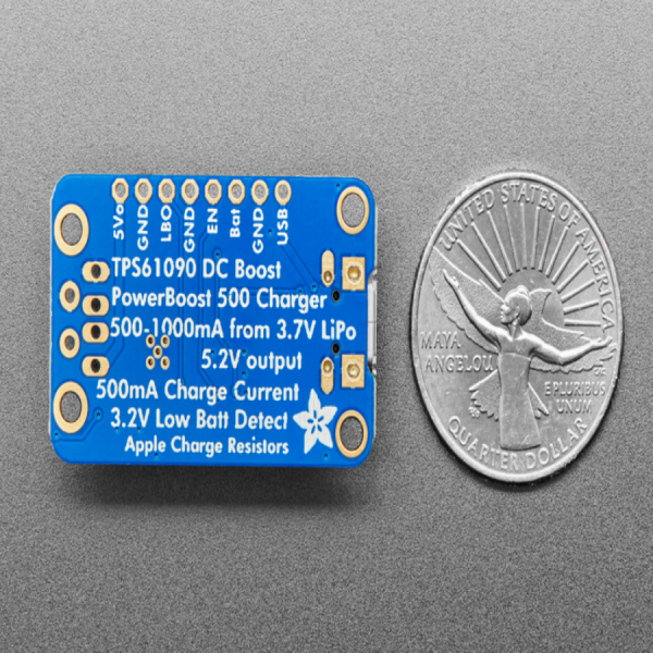 디바이스마트,MCU보드/전자키트 > 전원/신호/저장/응용 > 레벨컨버터/전압관리,Adafruit,PowerBoost 500 Charger - Rechargeable 5V Lipo USB Boost @ 500mA+ [ada-1944],DC/DC boost converter module / TPS61090 boost converter 기반 / 3.7V LiIon,LiPoly battery 를 활용하여 휴대용 장치(아두이노, 라즈베리파이, 비글본 등)에 전원(5.2V 출력)을 공급할 수 있습니다. / 22mm x 37mm x 2mm