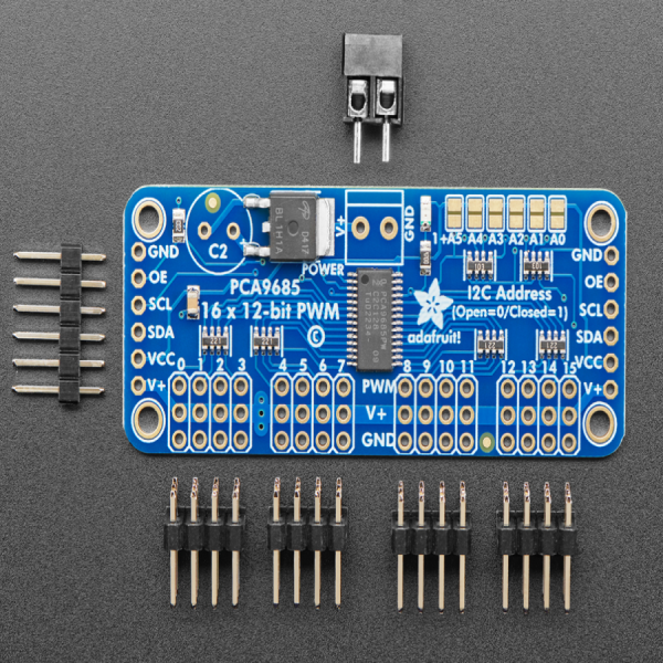 디바이스마트,기계/제어/로봇/모터 > 모터드라이버 > 서보모터 드라이버,Adafruit,Adafruit 16-Channel 12-bit PWM/Servo Driver - I2C interface - PCA9685 [ada-815],2개의 핀을 사용하여 16채널의 PWM output을 컨트롤 하실 수 있습니다.