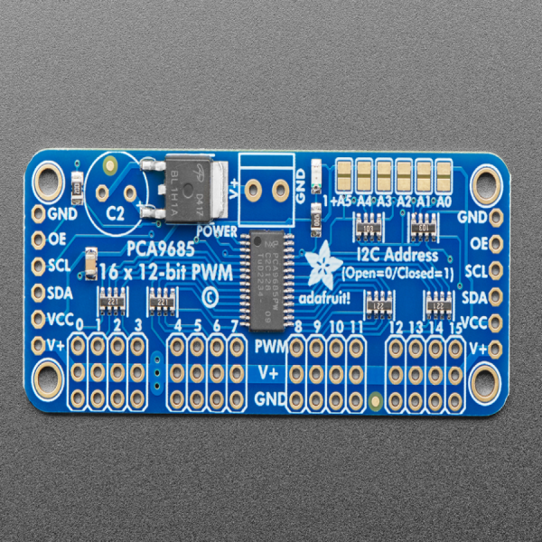 디바이스마트,기계/제어/로봇/모터 > 모터드라이버 > 서보모터 드라이버,Adafruit,Adafruit 16-Channel 12-bit PWM/Servo Driver - I2C interface - PCA9685 [ada-815],2개의 핀을 사용하여 16채널의 PWM output을 컨트롤 하실 수 있습니다.