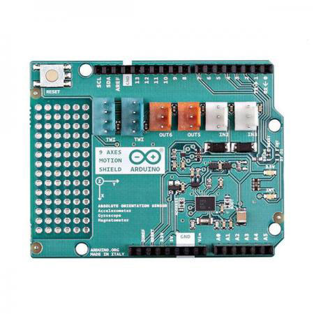 디바이스마트,오픈소스/코딩교육 > 아두이노 > 아두이노 정품 보드/쉴드/키트,아두이노,Arduino 9 Axis Motion Shield,A000070 / Bosch BNO055 방향센서 기반 / 통합 3축 14bit 가속도센서, 3축 16bit 자이로스코프(범위 : ±2000도/초), 3축 지자기센서 / BSX3.0 FusionLib / 작동 전압 : 5V