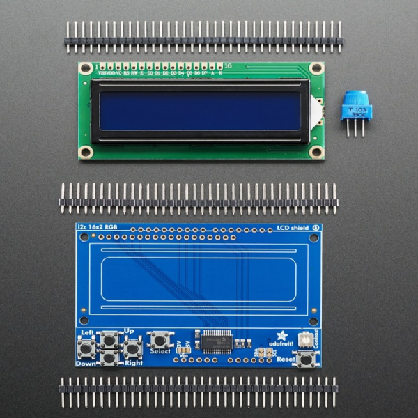 디바이스마트,LED/LCD > LCD 캐릭터/그래픽 > 캐릭터 LCD,Adafruit,LCD Shield Kit w/ 16x2 Character Display - Only 2 pins used! - BLUE AND WHITE [ada-772],16x2 캐릭터 LDC입니다. LCD를 제어하기 위해 6핀, 백라이트를 위해서 1핀 총 7핀이 필요합니다.