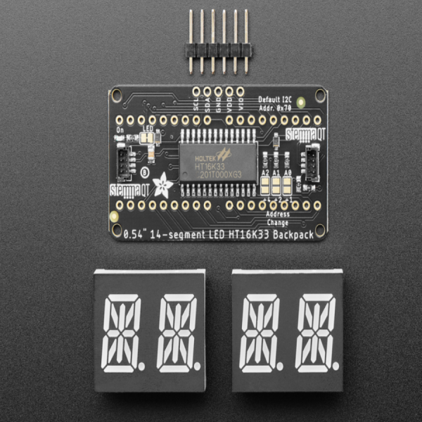 디바이스마트,MCU보드/전자키트 > 디스플레이 > 세그먼트,Adafruit,Quad Alphanumeric Display - Yellow 0.54' Digits w/ I2C Backpack [ada-2158],모든 알파벳 및 숫자가 표현 가능한 14세그먼트 LED 디스플레이입니다.