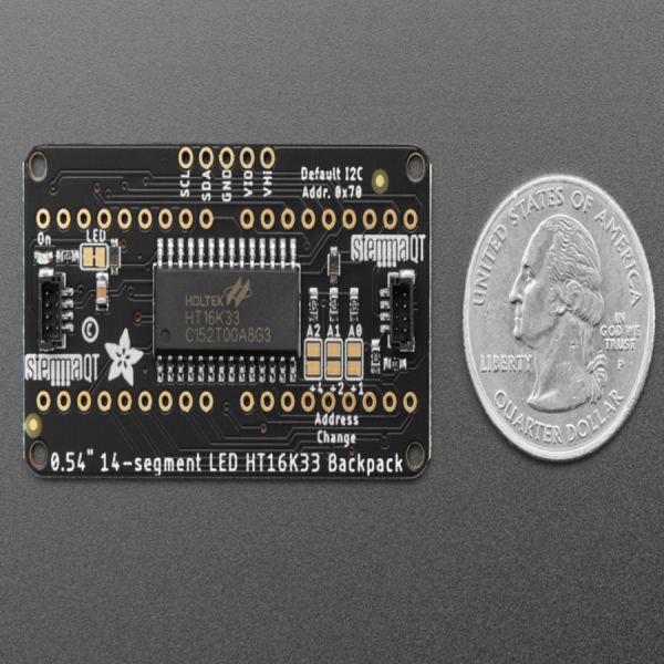 디바이스마트,MCU보드/전자키트 > 디스플레이 > 세그먼트,Adafruit,Quad Alphanumeric Display - Yellow 0.54' Digits w/ I2C Backpack [ada-2158],모든 알파벳 및 숫자가 표현 가능한 14세그먼트 LED 디스플레이입니다.