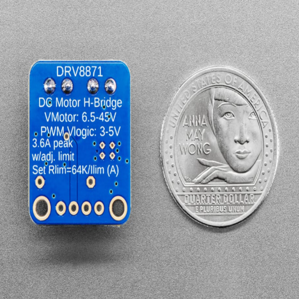 디바이스마트,MCU보드/전자키트 > 버튼/스위치/제어/RTC > 모터/모터컨트롤,Adafruit,Adafruit DRV8871 DC Motor Driver Breakout Board - 3.6A Max [ada-3190],6.5~45V 모터 파워 전압 / IN Pin 상에서 5.5V 로직레벨 / 3.6A 피크 전류 / PWM 제어