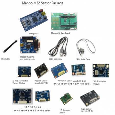 디바이스마트,MCU보드/전자키트 > 프로세서/개발보드 > ARM > Cortex-M3,(주)씨알지테크놀러지,STM32 EVB Cortex-M3 Mango Board M32 ( 망고 M32 보드) Sensor Package,128KB Flash 메모리인 STM32F103RBT6를 탑재 / 3축 가속도센서, 대기압센서, 조도센서, 습도, 리모컨 센서, CAN을 연결하여  다양한 활용이 가능한 보드