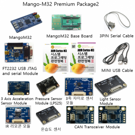 디바이스마트,MCU보드/전자키트 > 프로세서/개발보드 > ARM > Cortex-M3,(주)씨알지테크놀러지,Mango-M32 Premium Package2 [STM32F103 Cortex-M3 EVB],128KB Flash 메모리인 STM32F103RBT6를 탑재 3축 가속도센서, 대기압센서, 조도센서, GPS, 리모컨 센서 등을 연결하여  다양한 활용이 가능한 보드