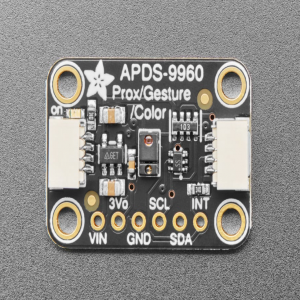 디바이스마트,MCU보드/전자키트 > 센서모듈 > 빛/조도/컬러/UV > 컬러/UV센서,Adafruit,근접, 빛, RGB, 제스쳐 센서 Adafruit APDS9960 Proximity, Light, RGB, and Gesture Sensor [ada-3595],제스처 감지, RGB 색상 감지, 근접 감지, 주변 광선 감지 /  I2C 인터페이스 / 4개의 IR 센서로 빛 반사율 변화 측정 /  3.3V 또는 5V 마이크로 컨트롤러와 함께 사용