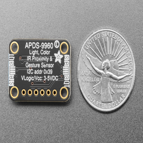 디바이스마트,MCU보드/전자키트 > 센서모듈 > 빛/조도/컬러/UV > 컬러/UV센서,Adafruit,근접, 빛, RGB, 제스쳐 센서 Adafruit APDS9960 Proximity, Light, RGB, and Gesture Sensor [ada-3595],제스처 감지, RGB 색상 감지, 근접 감지, 주변 광선 감지 /  I2C 인터페이스 / 4개의 IR 센서로 빛 반사율 변화 측정 /  3.3V 또는 5V 마이크로 컨트롤러와 함께 사용