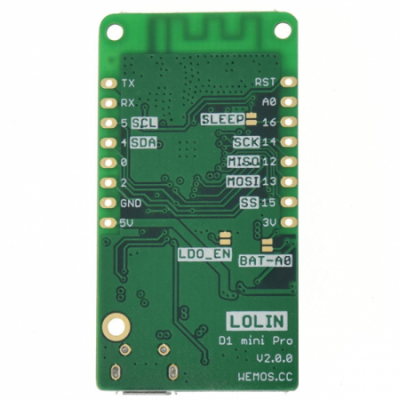 디바이스마트,오픈소스/코딩교육 > 파이썬/IoT 개발 보드 > WeMos > WeMos 정품보드/모듈,WeMos,[정품] LOLIN D1 mini Pro V2.0.0 ESP8266 WiFi IoT 개발보드,공식 정품 / Arduino 및 NodeMCU 호환 ESP8266EX Wifi 개발보드 / CH340 USB to UART / 작동 전압 : 3.3V / 16M bytes(128M bit) Flash / External antenna connector, Built-in 3dB ceramic antenna / 34.2mm * 25.6mm, 두께/