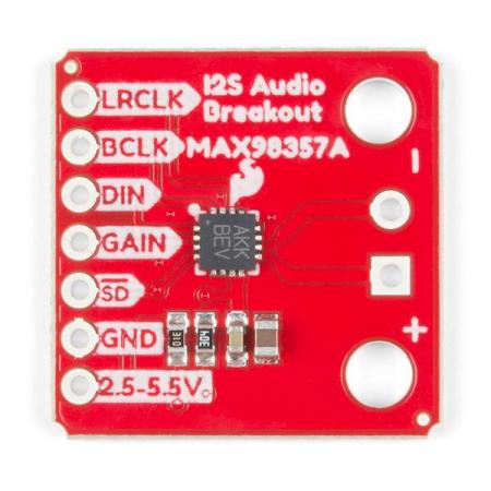 디바이스마트,MCU보드/전자키트,SparkFun,SparkFun I2S Audio Breakout - MAX98357A [DEV-14809],I2S 오디오를 아날로그 신호로 변환하여 스피커를 구동하는 MAX98357A 디지털 - 아날로그 컨버터 (DAC)를 사용 / 최대 3.2W의 전력을 4Ω 부하에 전달할  수 있는 클래스 D 증폭기를 사용하여 신호 증폭 / 몇개의 핀 연결만으로 작동시킬 수 있음 / 공급 전압: 2.5V - 5.5V