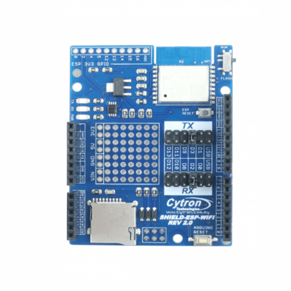 디바이스마트,오픈소스/코딩교육 > 아두이노 > 아두이노 호환쉴드,Cytron,Cytron ESP8266 WiFi Shield [SHIELD-ESP-WIFI],아두이노 호환 쉴드 / AT 펌웨어 탑재 / WiFi 모듈과 통신할 수 있는 쉽고 안정적인 UART 인터페이스 제공 / ESP8266 / 802.11 b/g/n