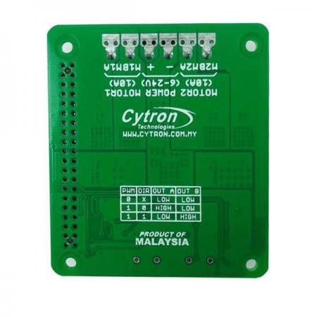 디바이스마트,MCU보드/전자키트 > 버튼/스위치/제어/RTC > 모터/모터컨트롤,Cytron,10Amp 6V-24V DC Motor Driver HAT for RPI (2 Channels) [HAT-MDD10],Raspberry Pi용 모터 드라이버 / brushed DC motor 2개 양방향 제어 /  모터 전압 6V~24V / 최대 전류 30A(피크), 10A(연속) / 과전류 보호 / CE, FCC, RoHS 인증