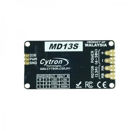 디바이스마트,MCU보드/전자키트 > 버튼/스위치/제어/RTC > 모터/모터컨트롤,Cytron,13Amp 6V-30V DC Motor Driver [MD13S],최대 13A까지 연속적으로 고전류 브러시드 DC 모터를 구동하도록 설계되어 있습니다. ※모터 전압 범위 6V - 30V / 최대 전류 30A(10초), 13A(연속 , 방열판 없이) / CE, FCC, RoHS 인증
