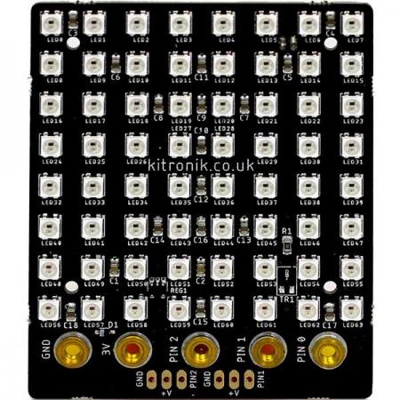 디바이스마트,오픈소스/코딩교육 > Micro:Bit > 마이크로비트 센서/모듈,Kitronik,ZIP Tile for BBC microbit [KIT-5645],마이크로비트 호환 / 8x8 디스플레이 패널입니다. / 64개의 주소 지정이 가능한 풀컬러 LED / 보드의 왼쪽, 오른쪽, 위쪽에 ZIP LED 확장 포인트가 있어 더 큰 디스플레이를 만들 수 있음 / 3.5V~5.3V 전원 공급 필요