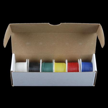디바이스마트,케이블/전선 > KS/UL/절연전선 > 전선키트,SparkFun,Hook-Up Wire - Assortment (Stranded, 22 AWG) [PRT-11375],6가지 색상과 디스펜서 박스로 포장 되어 있는 22 AWG 규격의 멀티코어형 케이블 키트 입니다. 선 길이 색상당 25ft (7.62m)