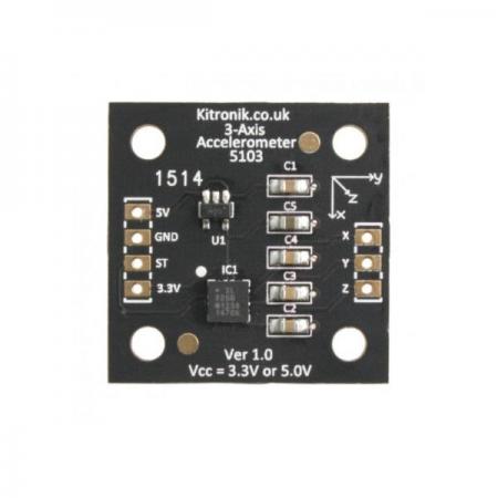 디바이스마트,MCU보드/전자키트 > 센서모듈 > 가속도/자이로/지자기센서 > 가속도센서,Kitronik,3 Axis Accelerometer Breakout Board (ADXL335) [KIT-5103],마이크로비트 호환 / 3축 가속, 방향 측정 / 간단한 인터페이스 / ADXL335를 사용하며 5V 또는 3.3V 입력이 필요하며 각각 3개의 이동 축에 대한 가속 값이 아날로그 채널을 통해 출력됨