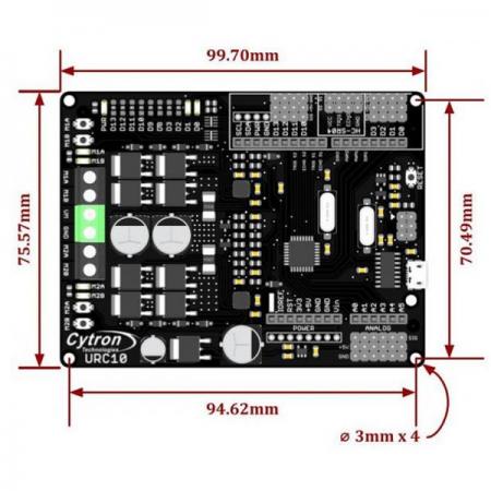 디바이스마트,기계/제어/로봇/모터 > 모터드라이버 > DC모터 드라이버 > 500W 이하 DC모터 드라이버,Cytron,Sumo Robot Controller R1.1 [URC10],기본적으로 DC모터 드라이버지만, 아두이노 호환보드로도 사용 가능하며 스마트카에 사용하기 매우 적합한 모터 드라이버 입니다.