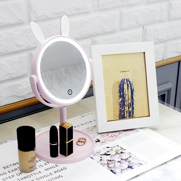 메이크업 화장거울 LED 탁상용 거울 정리함 (핑크)
