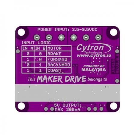 디바이스마트,MCU보드/전자키트 > 버튼/스위치/제어/RTC > 모터/모터컨트롤,Cytron,Maker Drive: Simplifying H-Bridge Motor Driver for Beginner [MAKER-DRIVE],2채널 양방향 제어 모터 드라이버 / 초보자용 / 모터 전압 2.5V~9.5V / 최대 전류 1.5A(피크) 1.0A(연속) / 1.8V, 3.3V, 5V logic level 입력 가능 / Arduino, Raspberry Pi 호환 / CE, FCC, RoHS 인증