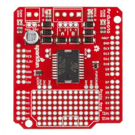 디바이스마트,오픈소스/코딩교육 > 아두이노 > 아두이노 호환보드,SparkFun,SparkFun Ardumoto - Motor Driver Shield [DEV-14129],L298 H 브릿지를 기반으로하는 쉴드로, 채널 당 2A까지 2 개의 DC  모터를 개별적으로 구동 할 수 있습니다.
