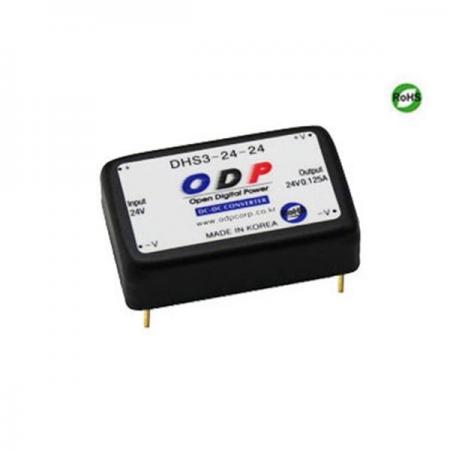 디바이스마트,전원/파워/배터리 > DC-DC 컨버터 모듈 > 승압·강하형 모듈(실장) > 절연 스위칭 모듈,ODP,DHS3-24-24,출력 채널 수 : Single / 출력 전력 : 3.0Watts / 입력 전압 : DC18V - DC36V / 출력 전압/전류 : DC24V/0.125A / 효율 (EFFICIENCY) : 81%