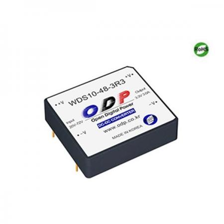 디바이스마트,전원/파워/배터리 > DC-DC 컨버터 모듈 > 강하형 모듈(실장) > 절연 스위칭 모듈,ODP,WDS10-48-3R3,출력 채널 수 : Single / 출력 전력 : 8.25Watts /입력 전압 : DC20V - DC72V / 출력 전압/전류 : DC3.3V/2.5A / 효율 (EFFICIENCY) : 80%