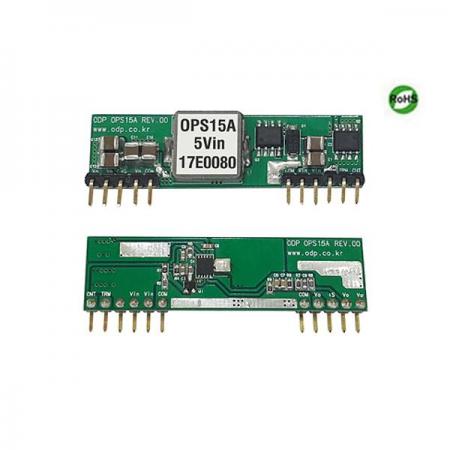 디바이스마트,전원/파워/배터리 > DC-DC 컨버터 모듈 > 강하형 모듈(실장) > 비절연 스위칭 모듈,ODP,OPS15A-5,출력 채널 수 : Single / 출력 전력 : 9.75 - 54.45 Watts / 입력 전압 : DC3.5V - DC5.5V / 출력 전압/전류 : DC0.65V - DC3.63V/15A / 효율 (EFFICIENCY) : 80% - 97%