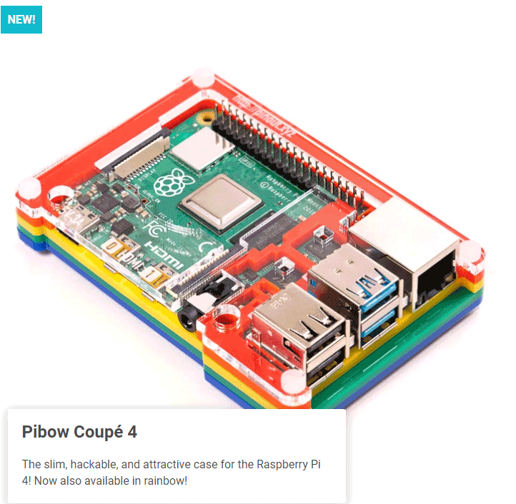디바이스마트,오픈소스/코딩교육 > 라즈베리파이 > 라즈베리파이 케이스,Pimoroni,Pibow Coupe 4 (Raspberry Pi 4 only) Rainbow [PIM465],Raspberry Pi 4 호환 케이스 / 투명한 상단과 받침대 를 포함하여 5개의 독특한 레이어로 제작됨 / 카메라 포트, 디스플레이 포트 및 GPIO를 포함한 기본 포트 / 색상 : 레인보우