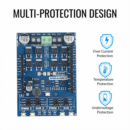 디바이스마트,MCU보드/전자키트 > 버튼/스위치/제어/RTC > 모터/모터컨트롤,Cytron,10Amp 7V-30V DC Motor Driver Shield for Arduino (2 Channels) [SHIELD-MDD10],아두이노 form factor용 쉴드 / brushed DC motor 2개 양방향 제어 / 작동전압 7V~30V / 최대 모터 전류 10A(연속), 30A(피크) / 1.8V, 3.3V 및 5V logic과 호환되는 PWM 및 DIR 입력 / 과전류 및 온도 보호