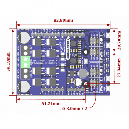 디바이스마트,MCU보드/전자키트 > 버튼/스위치/제어/RTC > 모터/모터컨트롤,Cytron,10Amp 7V-30V DC Motor Driver Shield for Arduino (2 Channels) [SHIELD-MDD10],아두이노 form factor용 쉴드 / brushed DC motor 2개 양방향 제어 / 작동전압 7V~30V / 최대 모터 전류 10A(연속), 30A(피크) / 1.8V, 3.3V 및 5V logic과 호환되는 PWM 및 DIR 입력 / 과전류 및 온도 보호