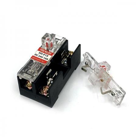 디바이스마트,커넥터/PCB > 핀헤더/IC 소켓 > 퓨즈홀더/퓨즈클립,한영넉스,퓨즈홀더 HY-F15-3D,퓨즈 단선시 LED 점등 표시 / DIN레일 및 볼트고정 설치구조 / 10A, 24V DC / Ø 6 X 30 mm 유리관 퓨즈