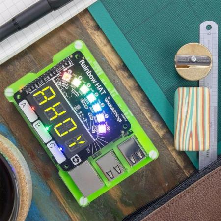 디바이스마트,오픈소스/코딩교육 > 라즈베리파이 > 라즈베리파이 확장보드/HAT,Pimoroni,Rainbow HAT [PIM242],Raspberry Pi에서 Google의  Android Things 및 파이썬을 사용할 수 있는 쉴드 / 기상 관측, 시계, 타이머, 무드라이트 등 다양하게 사용가능 / 온도, 압력센서, 세그먼트, LED 등 탑재